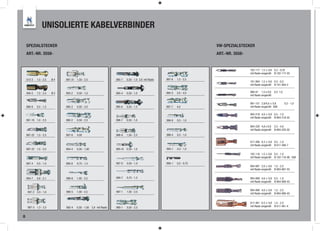 UNISOLIERTE KABELVERBINDER

    SPEZIALSTECKER                                                                                                       VW-SPEZIALSTECKER
    ART.-NR. 3558-                                                                                                       ART.-NR. 3558-


                                                                                                                                          102-117 1,5 x 0,6 0,2 - 0,35
                                                                                                                                          mit Raste vorgerollt N 102-117-03

    513-3   1,5 - 2,5   Ø4   997-31 1,50 - 2,5                   995-7   0,50 - 1,0 2,8 mit Raste   997-6   1,5 - 2,5
                                                                                                                                          101-904 1,5 x 0,6 0,2 - 0,5
                                                                                                                                          mit Raste vorgerollt N 101-904-2

    500-5   1,5 - 2,5   Ø5   993-2   0,50 - 1,0                  995-4   0,50 - 1,0                 990-3   2,0 - 4,0                     990-91 1,5 x 0,6       0,5 1,0
                                                                                                                                          mit Raste vorgerollt

                                                                                                                                          991-151 2,8/4,8 x 0,8            0,5 - 1,0
    990-9   0,5 - 1,5        995-3   0,50 - 2,0                  995-8   0,50 - 1,5                 997-7   4,0                           mit Raste vorgerollt VGK

                                                                                                                                          904-218 4,8 x 0,8 0,5 - 1,0
                                                                                                                                          mit Raste vorgerollt N 904-218-02
    991-16 1,0 - 2,5         990-2   0,50 - 2,5                  996-7   0,50 - 1,0                 996-8   0,5 - 1,0

                                                                                                                                          904-220 4,8 x 0,8      2,5 - 4,0
                                                                                                                                          mit Raste vorgerollt   N 904-220-02
    997-22 1,5 - 2,5         997-9   4,00                        996-9   1,50 - 2,5                 996-4   0,5 - 1,0

                                                                                                                                          017-490 6,3 x 0,8 0,5 - 1,0
                                                                                                                                          mit Raste vorgerollt N 017-490-7
    997-23 1,5 - 2,5         994-4   0,50 - 1,00                 995-41 0,50 - 1,0                  993-1   0,5 - 1,0
                                                                                                                                          102-116 1,5 x 0,6 0,5 - 1,0
                                                                                                                                          mit Raste vorgerollt N 102-116-06 VGK

    997-4   0,5 - 1,0        990-8   0,75 - 1,5                  997-0   0,50 - 1,0                 998-1   0,5 - 0,75
                                                                                                                                          904-887 2,8 x 0,6 1,5 - 2,5
                                                                                                                                          mit Raste vorgerollt N 904-887-03


    994-7   0,8 - 2,1        990-6   1,00 - 2,5                  990-7   0,75 - 1,5                                                       904-889 4,8 x 0,8 0,5 - 1,0
                                                                                                                                          mit Raste vorgerollt N 904-889-03

                                                                                                                                          904-890 4,8 x 0,8 1,5 - 2,5
     997-2 0,5 - 1,0         990-5   1,00 - 2,5                  997-1   1,50 - 2,5
                                                                                                                                          mit Raste vorgerollt N 904-890-03


                                                                                                                                          017-461 6,3 x 0,8 1,5 - 2,5
     997-3 1,5 - 2,5         992-4   0,50 - 1,00 2,8 mit Raste   990-1   0,50 - 2,5                                                       mit Raste vorgerollt N 017-461-4


8
 
