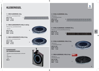 KLEBERIEGEL

1 / ZINK-KLEBERIEGEL 60 g                                     4 / STAHL-KLEBERIEGEL 60 g
Teilung 5 g, pulverbeschichtet                                Teilung 5 g
9836-14-60                                      1             vz, pulverbeschichtet
Breite: 18 mm                                                 9836-15-60                   4
Höhe: 4,5 mm                                                  Breite: 19 mm
                                                              Höhe: 4 mm

2 / ZINK-KLEBEGEWICHTS-ROLLE 4,65 kg
Teilung 2,5 g, pulverbeschichtet
                                                              5 / STAHL-KLEBERIEGEL SCHWARZ 60 g
- extra ﬂach
                                                              Teilung 5 g, mit Kunststoffbeschichtung
9836-15-465                                               2
Breite: 18 mm                                                 9834-97-60                                           RM
Höhe: 2,4 mm                                                  Breite: 19 mm                5
                                                              Höhe: 3,7 mm

3 / ZINK-KLEBEGEWICHTS-ROLLE 6 kg
Teilung 5 g, pulverbeschichtet
9836-15-600                                                   6 / STAHL-KLEBERIEGEL ROLLE 5 kg
Breite: 18 mm                                             3
Höhe: 4,5 mm                                                  Teilung 5 g
                                                              vz, pulverbeschichtet
                                                              9836-22-500                               6
                                                              Breite: 19 mm
                                                              Höhe: 4 mm
SCHNEIDEGERÄT
ZUR WANDBEFESTIGUNG
- Kompatibel mit allen Klebegewichtsrollen von Normfest
- Griff                                                       7 / ZINK-KLEBERIEGEL ROLLE 6 kg           NEU!
- Klingenhalter                                               Teilung 5 g
- Klinge                                                      pulverbeschichtet

9836-4                                                        9837-67-600
                                                              Breite: 19 mm
                                                                                                        7
                                                              Höhe: 4 mm


                                                                                                               3
 