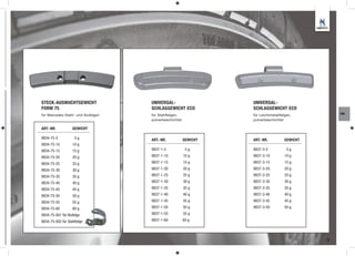 STECK-AUSWUCHTGEWICHT               UNIVERSAL-                    UNIVERSAL-
FORM 75                             SCHLAGGEWICHT ECO             SCHLAGGEWICHT ECO
für Mercedes Stahl- und Alufelgen   für Stahlfelgen,              für Leichtmetallfelgen,          RM
                                    pulverbeschichtet             pulverbeschichtet

ART.-NR.           GEWICHT

9834-75-5           5g              ART.-NR.            GEWICHT   ART.-NR.           GEWICHT
9834-75-10         10 g
9834-75-15         15 g             9837-1-5             5g       9837-3-5            5g
9834-75-20         20 g             9837-1-10           10 g      9837-3-10          10 g
9834-75-25         25 g             9837-1-15           15 g      9837-3-15          15 g
9834-75-30         30 g             9837-1-20           20 g      9837-3-20          20 g
9834-75-35         35 g             9837-1-25           25 g      9837-3-25          25 g
9834-75-40         40 g             9837-1-30           30 g      9837-3-30          30 g
9834-75-45         45 g             9837-1-35           35 g      9837-3-35          35 g
9834-75-50         50 g             9837-1-40           40 g      9837-3-40          40 g
9834-75-55         55 g             9837-1-45           45 g      9837-3-45          45 g
9834-75-60         60 g             9837-1-50           50 g      9837-3-50          50 g
9834-75-001 für Alufelge            9837-1-55           55 g
9834-75-002 für Stahlfelge          9837-1-60           60 g



                                                                                               5
 