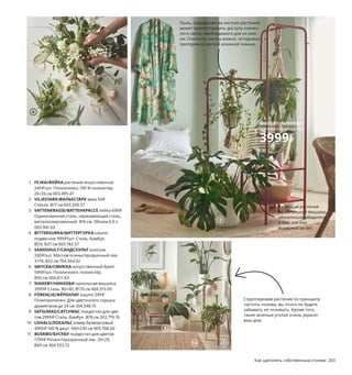 Зеленый район своими руками
Окружите себя живыми растениями — и вы сами расцветете.
Предусмотрев для них место в доме, вы убедитесь, что такое
соседство дарит вашим интерьерам красоту, а вам — здоровье.
1 FEJKA/ФЕЙКА растение искусственное
249₽/шт. Полиэтилен, 100 % полиэстер.
26×26 см 003.495.47
2 VILJESTARK/ВИЛЬЕСТАРК ваза 59₽
Стекло. В17 см 603.500.57
3 VATTENKRASSE/ВАТТЕНКРАССЕ лейка 699₽
Оцинкованная сталь, нержавеющая сталь,
металлизированный. В16 см. Объем 0,9 л
003.941.63
4 BITTERGURKA/БИТТЕРГУРКА кашпо
подвесное 999₽/шт. Сталь, бамбук.
Ø29, В37 см 003.782.57
5 SANDSHULT/САНДСХУЛЬТ консоль
200₽/шт. Массив осины/прозрачный лак.
3×18, В22 см 704.564.02
6 SMYCKA/СМИККА искусственный букет
599₽/шт. Полиэтилен, полиэстер.
В50 см 004.611.43
7 NIKKEBY/НИККЕБИ напольная вешалка
3999₽ Сталь. 80×40, В170 см 404.515.09
8 FÖRENLIG/ФЁРЕНЛИГ кашпо 599₽
Полипропилен. Для цветочного горшка
диаметром до 24 см 204.548.15
9 SATSUMAS/САТСУМАС пьедестал для цве-
тов 2999₽ Сталь, бамбук. В78 см 203.719.76
10 LOHALS/ЛОХАЛЬС ковер безворсовый
4999₽ 100 % джут. 160×230 см 903.708.60
11 BUSKBO/БУСКБУ пьедестал для цветов
1799₽ Ротанг/прозрачный лак. 29×29,
В43 см 304.553.72
Источающая кислород стена из живых
растений смотрится просто великолеп-
но! Создайте собственный зимний сад,
расставив кашпо с цветами на разной
высоте.
Сгруппировав растения по принципу
частоты полива, вы точно не будете
забывать их поливать. Кроме того.
такие зеленые уголки очень украсят
ваш дом.
Пыль, оседающая на листьях растений,
может препятствовать доступу солнеч-
ного света, необходимого для их жиз-
ни. Очистить листву можно, осторожно
протерев ее мягкой влажной тканью.
202 Как щеголять собственным стилем Как щеголять собственным стилем 203
4
2
1 FEJKA/ФЕЙКА
искусственное растение
249₽/шт.
10
7 NIKKEBY/НИККЕБИ
напольная вешалка
3999₽
5 SANDSHULT/САНДСХУЛЬТ
консоль
200₽/шт.
6
11
9
8
8
3
В маленьких вазочках удобно прора-
щивать срезанные черенки растений.
Кроме того, такая изящная ваза может
служить отличным подарком.
Размещая растения
на напольной вешалке,
обязательно убедитесь
в том, что она
выдержит их вес.
 