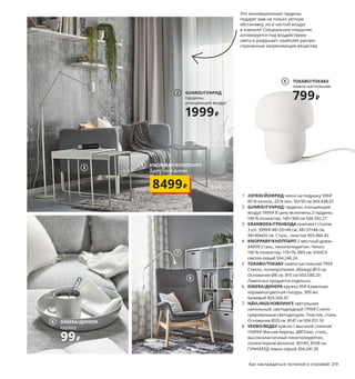 Простые слагаемые
комфорта
Устраивайтесь поудобнее, расслабьтесь и отвлекитесь от всех
забот. Дополнительная подушка, теплое свечение лампы, чашечка
ароматного чая — такие, на первый взгляд, незначительные
детали делают гостиную самым уютным местом в доме.
JOFRID/ЙОФРИД
чехол на подушку
599₽
1
1 JOFRID/ЙОФРИД чехол на подушку 599₽
80 % хлопок, 20 % лен. 50×50 см 304.438.07
2 GUNRID/ГУНРИД гардины, очищающие
воздух 1999₽ В цену включены 2 гардины.
100 % полиэстер. 145×300 см 504.592.27
3 GRANBODA/ГРАНБОДА комплект столов,
3 шт. 3999₽ 48×33×46 см, 48×37×48 см,
48×40м50 см. Сталь , пластик 903.866.82
4 KNOPPARP/КНОППАРП 2-местный диван
8499₽ Сталь, пенополиуретан. Чехол:
100 % полиэстер. 119×76, В69 см. КНИСА
светло-серый 504.246.24
5 TOKABO/ТОКАБУ лампа настольная 799₽
Стекло, полипропилен. Абажур Ø13 см.
Основание Ø8 см. В15 см 603.580.20
Лампочка продается отдельно.
6 DINERA/ДИНЕРА кружка 99₽ Каменная
керамика/цветная глазурь. 300 мл.
Бежевый 403.506.47
7 NÄVLINGE/НЭВЛИНГЕ светильник
напольный, светодиодный 1799₽ С инте-
грированным светодиодом. Пластик, сталь.
Основание Ø20 см. В147 см 504.051.16
8 VEDBO/ВЕДБУ кресло c высокой спинкой
15999₽ Массив березы, ДВП/лак, сталь,
высокоэластичный пенополиуретан,
полиэстерное волокно. 80×85, В108 см.
ГУННАРЕД темно-серый 304.241.30
TOKABO/ТОКАБУ
лампа настольная
799₽
5
GUNRID/ГУНРИД
гардины,
очищающие воздух
1999₽
2
3
8
7
4 KNOPPARP/КНОППАРП
2-местный диван
8499₽
Эти инновационные гардины
подарят вам не только уютную
обстановку, но и чистый воздух
в комнате! Специальное покрытие
активируется под воздействием
света и разрушает наиболее распро-
страненные загрязняющие вещества.
Неокрашенная, неотбеленная —
и благодаря этому неповторимая
ткань. Волокно рами является
возобновляемым натуральным
материалом, изделия из которого
создают в комнате уют и делают ее
комфортнее.
218 Как наслаждаться гостиной и столовой Как наслаждаться гостиной и столовой 219
6 DINERA/ДИНЕРА
кружка
99₽
 