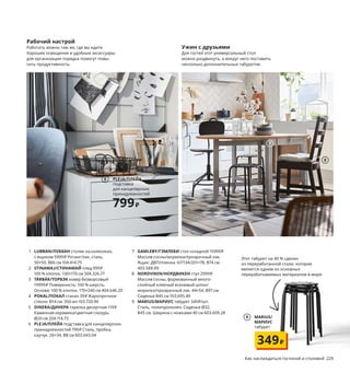 7
3
Идеи для комнаты 24/7
Здесь мы использовали опыт владельцев квартиры-студии,
которые как никто знают, как организовать круглосуточную жизнь
в одной единственной комнате. Для этого нужны: многофункци-
ональная мебель (в том числе универсальный стол на все случаи
жизни), рациональные решения для хранения и легкие стулья,
табуреты и столики, которые можно передвигать с места на место.
Рабочий настрой
Работать можно там же, где вы едите.
Хорошее освещение и удобные аксессуары
для организации порядка помогут повы-
сить продуктивность.
Ужин с друзьями
Для гостей этот универсальный стол
можно раздвинуть, а вокруг него поставить
несколько дополнительных табуретов.
4
8
2
5
От сна к делу
Диван днем, кровать ночью, решение
для хранения — всегда! Уберите под сиде-
нье постельное белье (в том числе и запас-
ное) — и вы готовы к дневным делам.
PLEJA/ПЛЕЙА
подставка
для канцелярских
принадлежностей
799₽
6
1 LUBBAN/ЛУББАН столик на колесиках,
с ящиком 5999₽ Ротанг/лак, сталь.
50×50, В66 см 104.414.75
2 STINAMAJ/СТИНАМАЙ плед 999₽
100 % хлопок. 130×170 см 304.326.77
3 TÅRBÄK/ТОРБЭК ковер безворсовый
19999₽ Поверхность: 100 % шерсть.
Основа: 100 % хлопок. 170×240 см 404.646.20
4 POKAL/ПОКАЛ стакан 39₽ Жаропрочное
стекло. В14 см. 350 мл 103.720.90
5 DINERA/ДИНЕРА тарелка десертная 119₽
Каменная керамика/цветная глазурь.
Ø20 см 204.114.73
6 PLEJA/ПЛЕЙА подставка для канцелярских
принадлежностей 799₽ Сталь, пробка,
каучук. 26×34, В8 см 603.643.04
7 GAMLEBY/ГЭМЛЕБИ стол складной 15999₽
Массив сосны/морилка/прозрачный лак.
Ящик: ДВП/пленка. 67/134/201×78, В74 см
403.588.89
8 NORDVIKEN/НОРДВИКЕН стул 2999₽
Массив сосны, формованный много-
слойный клееный ясеневый шпон/
морилка/прозрачный лак. 44×54, В97 см.
Сиденье В45 см 103.695.49
9 MARIUS/МАРИУС табурет 349₽/шт.
Сталь, полипропилен. Сиденье Ø32,
В45 см. Ширина с ножками 40 см 603.609.28
Этот табурет на 40 % сделан
из переработанной стали, которая
является одним из основных
перерабатываемых материалов в мире.
1 LUBBAN/ЛУББАН
столик на колесиках,
с ящиком
5999₽
228 Как наслаждаться гостиной и столовой Как наслаждаться гостиной и столовой 229
9 MARIUS/
МАРИУС
табурет
349₽
Каждый день позволяйте себе,
например, за завтраком хоть
немного посидеть в тишине,
успокоиться, погрузиться
в свои мысли...
 