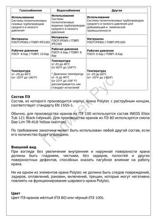 Газоснабжение Водоснабжение Другое
Использование
Системы полиэтиленовых
газовых трубопроводов
среднего и низкого
давления
Использование
Системы
полиэтиленовых
водяных трубопроводов
среднего и низкого
давления
Использование
Системы полиэтиленовых трубопроводов
среднего и низкого давления для
добывающей и химической
промышленности
Материалы
ПЭСП (PE80) / ПЭВП (PE100)
Материалы
ПЭСП (PE80) / ПЭВП
(PE100)
Материалы
ПЭСП (PE80) / ПЭВП (PE100)
Рабочее давление
ПЭСП 8 бар / ПЭВП: 10 бар
Рабочее давление
ПЭСП: 6 бар / ПЭВП: 8
бар
Рабочее давление
ПЭСП: 6 бар / ПЭВП: 8 бар
Температура
от -29 до 60°C
(от -20°F до 140°F)
Температура
от 20 до 40°C
(от 60°F до 104°F)
* Диапазон температур
от -5 до 40°C
(от 23°F до 104° F)
рассматривается, как
стандарт испытаний
Температура
от -29 до 60°C
(от -20°F до 140°F)
Состав ПЭ
Состав, из которого производится корпус крана Polytec с раструбным концом,
соответствует стандарту EN 1555-1.
Обычно, для производства кранов из ПЭ 100 используется состав INEOS Eltex
Tub 121 Black (чёрный). Для производства кранов из ПЭ 80 используется смола
Dae Lim TR-418 Yellow (жёлтая).
По требованию заказчика может быть использован любой другой состав, если
его количество будет оправдано.
Внешний вид
При взгляде без увеличения внутренняя и наружная поверхности крана
должны быть гладкими, чистыми, без задиров, полостей и других
поверхностных дефектов, способных оказать пагубное влияние на работу
крана.
Ни на одном из элементов крана Polytec не должно быть следов повреждений,
задиров, оплавлений, раковин, включений, трещин, которые могут негативно
повлиять на функционирование шарового крана Polytec.
Цвет
Цвет ПЭ-кранов жёлтый (ПЭ 80) или чёрный (ПЭ 100).
П
олитек
Рус
 