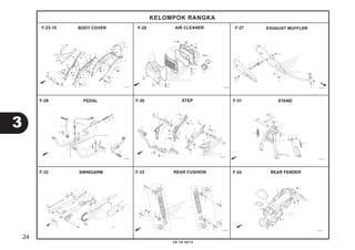 24
3
KELOMPOK RANGKA
20.10.2013
BODY COVER
SWINGARM
STEPPEDAL STAND
AIR CLEANER EXHAUST MUFFLER
REAR FENDERREAR CUSHION
F-23-10 F-25 F-27
F-29 F-30 F-31
F-32 F-33 F-34
 