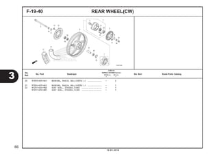 REAR WHEEL(CW)F-19-40
20 91053-K03-N41 BEARING, RADIAL BALL(6301U L) ............ - 2
21 91054-K03-N41 BEARING, RADIAL BALL(6203U L) ............ - 1
22 91251-KGH-902 DUST SEAL, 27X40X4.5(NO) ................. - 1
91251-KPH-881 DUST SEAL, 27X40X4.5(AR) ................. - 1
3
66
10.01.2014
No.
Ref.
No. Part Deskripsi No. Seri Kode Parts Catalog
JUMLAH
SUPRAX125PGM-FI(AFX125)
SPOKE (SF) CW (CRF)
E E
 