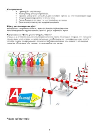 6
Планиране теме
 Предрасуде о комуникацији
 Место језика у процесу комуникације
 Правилан језик је добро употребљен језик и употреба термина као комуникациона ситуација
 Комуникација као процес који се стално мења
 Прилагођавање личног приступа комуникацијским захтевима
 Друштвени контекст као део процеса комуникације
Који су очекивани ефекти обуке?
Унапређивање говорних способности у вербалној комуникацији са освртом на
адекватно коришћење стручних термина, стилских фигура и архаичних израза.
Који су очекивани ефекти примене програма у пракси?
Очекује се да ће примена знања и компетенција наставника стечена реализацијом програма, кроз ефикаснију
примену различитих метода и поступака оцењивања, омогућити да се код ученика развију нова и продубе
постојећа сазнајна интересовања, што последично треба да омогући виши ниво и квалитет мотивације, а
самим тим и боља постигнућа ученика у различитим областима наставе
*фоно лабораториje
 