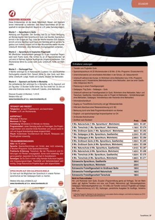 ECUADOR

discover Ecuador

Diese Entdeckertour ist die ideale Möglichkeit, Reisen und Spanisch
lernen miteinander zu verbinden. Den Ablauf beschreiben wir Dir beispielhaft im nächsten Abschnitt. Beginn ist i.d.R. jeden Samstag möglich.
Woche 1 → Sprachkurs in Quito
Abholung vom Flughafen. Den Sonntag hast Du zur freien Verfügung,
am Montag beginnt Dein Sprachkurs in Quito (vier Stunden Spanischunterricht in der Gruppe pro Tag). Unter der Woche erwarten Dich Salsaunterricht und eine Stadttour durch Quito. Am Samstag geht es auf eine Tagestour zum Vulkan Cotopaxi und mit dem Mountainbike wieder hinunter.
Unterkunft: Wohnheim, ohne Mahlzeiten, Kochgelegenheit vorhanden.
Woche 2 → Sprachkurs im tropischen Regenwald
Mit öffentlichen Verkehrsmitteln gelangst Du in den tropischen Regenwald nach Puerto Quito. Hier nimmst Du an 20 Spanischstunden teil
und wirst im Rahmen täglicher Ausflüge die Umgebung entdecken. Zum
Wochenende fährst Du zurück nach Quito. Unterkunft: Hütte, mit Mahlzeiten.
Woche 3 → Dschungel-Tour
4 Nächte verbringst Du im Nationalpark Cuyabeno: Ein abenteuerlicher
Dschungeltrip erwartet Dich. Danach fährst Du über Quito nach Montañita. Unterkunft: Lodge, Hostel und Cabaña, Großteil der Mahlzeiten.
Woche 4 → Spanisch und Surfen in Montañita
Die verbleibende Zeit verbringst Du in Montañita, wo Du Spanisch und
pro Tag etwa 1,5 Stunden Surfen lernst. Die Tour endet hier. Du bist um
viele tolle Eindrücke reicher. Unterkunft: Cabaña, ohne Mahlzeiten.
Discover Ecuador (4 Wochen): 1.410 €.
Weitere Infos auf
www.travelworks.at bzw. www.travelworks.ch.
Tätigkeit und Freizeit
Tätigkeiten: Je nach Projektbereich, wie beschrieben.
Freizeit: I.d.R. am Wochenende.
Aufenthalt
Minimum: 5 Wochen.
Maximum: 90 Tage.
Anmeldung: Mindestens 2-3 Monate vor Abreise.
Programmstart: Jeden Samstag außer an Feiertagen. Die Projektmöglichkeiten sind zwischen Ende November und Januar sowie im
Juli und August ferienbedingt etwas eingeschränkt.
Visum: Kostenloses Touristenvisum bei Ankunft, Reisepass und
Rückflugticket notwendig.
Teilnahmebedingungen
Alter: Ab 18 Jahren.
Sprache: Spanischkenntnisse von Vorteil, aber nicht notwendig.
5 Wochen-Programm: Gute Spanischkenntnisse.
Praktische Erfahrung: Tierschutz: Bei der Pferderanch sind Erfahrungen mit Pferden vorausgesetzt. Sonst nicht notwendig, aber
gerne gesehen, besonders für die Arbeit im Sozialbereich.
Sonstiges: Da Du Dich in einen völlig fremden Kulturraum begibst,
sind Anpassungsvermögen, Flexibilität und Selbstständigkeit sehr
wichtig. Einige Naturschutz-Projekte liegen sehr abgeschieden.
SPRACHKURS AUF den GALápagos-Inseln
Du hast auch die Möglichkeit den Sprachkurs in unserer Partnersprachschule auf den Galápagos-Inseln zu machen.
Weitere Infos dazu erhältst Du auf
www.travelworks.at bzw. www.travelworks.ch.

Enthaltene Leistungen
•	 Transfer vom Flughafen Quito
•	 Spanischsprachkurs mit 20 Wochenstunden à 50 Min. (5 Wo.-Programm: Einzelunterricht)
•	 Unterrichtsmaterial und verschiedene Aktivitäten in der Schule, z.B. Salsaunterricht
•	 Unterkunft während des Kurses: im Wohnheim (ohne Mahlzeiten) bzw. 8 Wo.-Programm
wahlweise auch 2 Hostelnächte (Mehrbettzimmer) ohne Mahlzeiten, dann bei einer Gastfamilie (Vollpension Mo-Fr)
•	 Platzierung in einem Freiwilligenprojekt
•	 Galápagos: Flug Quito – Galápagos – Quito
•	 Unterkunft während der Freiwilligenarbeit (in Quito: Wohnheim ohne Mahlzeiten, Natur- und
Tierschutz: Gastfamilie, Volontärshaus oder im Projekt mit Mahlzeiten – Schildkrötenprojekt
ohne Mahlzeiten, Galápagos: Volontärshaus oder Hacienda ohne Mahlzeiten)
•	 Informationshandbuch
•	 Zugang zur TravelWorks-Community und ggf. Mitreisendenliste
•	 Hilfe beim Abschluss einer Reiseversicherung (s.S. 82)
•	 Betreuung durch eine feste Programmkoordinatorin vor Abreise
•	 Englisch- und spanischsprachige Ansprechpartner vor Ort
•	 24-Stunden-Notrufnummer
•	 Zertifikat nach Rückkehr

5 Wo. Naturschutz (1 Wo. Sprachkurs*, Wohnheim)
5 Wo. Tierschutz (1 Wo. Sprachkurs*, Wohnheim)
5 Wo. Großraum Quito (1 Wo. Sprachkurs*, Wohnheim)
7 Wo. Galápagos (4 Wo. Sprachkurs, Gastfamilie)
7 Wo. Galápagos (4 Wo. Sprachkurs, Wohnheim)
8 Wo. Großraum Quito (4 Wo. Sprachkurs, Gastfamilie)
8 Wo. Großraum Quito (4 Wo. Sprachkurs, Wohnheim)
8 Wo. Naturschutz (4 Wo. Sprachkurs, Gastfamilie)
8 Wo. Naturschutz (4 Wo. Sprachkurs, Wohnheim)
8 Wo. Tierschutz (4 Wo. Sprachkurs, Gastfamilie)
8 Wo. Tierschutz (4 Wo. Sprachkurs, Wohnheim)
Extrawoche Sprachkurs, Gastfamilie
Extrawoche Sprachkurs, Wohnheim
Extrawoche Freiwilligenarbeit im Großraum Quito
Extrawoche Freiwilligenarbeit Naturschutz
Extrawoche Freiwilligenarbeit Tierschutz

Preis Code
920 € EC-261
1.140 € EC-274
840 € EC-262
2.230 € EC-263
2.090 € EC-264
1.550 € EC-265
1.420 € EC-266
1.610 € EC-267
1.420 € EC-268
1.830 € EC-270
1.690 € EC-271
300 €
230 €
100 €
140 €
180 €

Nicht im Preis enthalten
Hin- und Rückreise nach Quito, Ecuador (Flugvermittlung gerne auf Anfrage), Teil der Mahlzeiten, ggf. tägliche Transfers zum bzw. vom Projekt, Naturschutz: ggf. Naturparkgebühren,
Galápagos: Nationalparkgebühren (ca. 110 US$) und Transfer vom/zum Flughafen auf Galápagos, Reiseversicherung (s.S. 82), Impfungen, persönliche Ausgaben für Ausflüge, Verkehrsmittel u.Ä.
* 5 Wochen-Programm: Möchtest Du den Sprachkurs um eine weitere Woche verlängern, wird hierfür ein Aufpreis von 270 €
fällig, da Du Einzel- statt Gruppenunterricht bekommst.

TravelWorks | 37

 