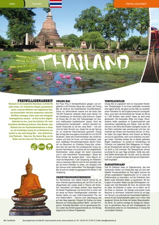 Asien

Freiwilligenarbeit

thailand

Hauptstad

t: Bangkok
Währung: Baht

, Juli 29°C
Klima: Januar 26°C
he: Thai
Amtssprac

THAILAND

FREIWILLIGENARBEIT

Thailand ist ein traumhaftes Reiseland, es bietet für
jeden etwas: z.B. farbenfrohe Tempel, paradiesische
Inseln, exotische Wildtiere und ausgedehnte Reisund Ananasfelder. Herrlich ausspannen, kulturelle
Einflüsse aufsaugen, lecker essen und aufregende
Dschungeltouren machen – all dies ist hier möglich.
Außerdem ist das „Land des Lächelns“ für seine
freundliche Bevölkerung bekannt. Kein Wunder, dass
Thailand eine der Top-Reisedestinationen in Asien
ist. Als Freiwilliger kannst Du im Nordwesten des
Landes in oder nahe Chiang Mai – einer Kulturhochburg Thailands – Gutes tun. Ein idealer Weg, um die
Kultur und das Leben der Thai kennenzulernen!

Chiang Mai

Am Fluss Ping in Nordwestthailand gelegen und eingebettet in die höchsten Berge des Landes, gilt Chiang
Mai als Zentrum des thailändischen Kunsthandwerks.
Schon vor Jahrhunderten machte sich die heute über
150.000 Einwohner zählende Stadt einen Namen mit
der Herstellung von herrlichem Jade-Schmuck. Zudem
ist Chiang Mai mit über 200 Tempelanlagen ein Zentrum traditionellen buddhistischen Lebens. Doch die
traditionsreiche Handelsstadt – wörtlich übersetzt bedeutet Chiang Mai so viel wie „neue Stadt“ – ruht sich
nicht auf alten Wurzeln aus, längst hat sie den Sprung
hin zur modernen Kulturmetropole geschafft. Chiang
Mai verfügt über eine eigene Universität mit rund 30.000
Studenten, bietet alle Annehmlichkeiten des modernen
Lebens und lockt mit Kunst- und Kulturschätzen, aber
auch vielfältigen Einkaufsmöglichkeiten jährlich Scharen von Besuchern an. Entdecke Chiang Mai, schlendere über den weit über die Landesgrenzen hinaus bekannten Nachtbasar und probiere die dort angebotenen
Köstlichkeiten, statte einigen der vielen imposanten
und z.T. sehr farbenfrohen Tempelanlagen – Oasen der
Ruhe inmitten der quirligen Stadt – einen Besuch ab,
nutze die Möglichkeit, in der Umgebung ein Elefantencamp zu besuchen (falls Du nicht eh dort arbeitest) oder
gar auf einem Elefanten zu reiten, und verpasse nicht
den Genuss einer traditionellen Thai-Massage! Chiang
Mai ist auch ein idealer Ausgangspunkt für Reisen in die
Umgebung.

Orientierungswochenende

Am Wochenende nach Deiner Ankunft nimmst Du an
einer Orientierungsveranstaltung teil, die Dich in die Gepflogenheiten des Landes sowie in Themen wie Sicherheit, Gesundheit und Reisen einführt. Dazu besprichst
Du Deinen Projekteinsatz und kannst Dich so schon mal
ein wenig auf Deine Freiwilligenarbeit vorbereiten. Außerdem stehen ein paar Unterrichtseinheiten Thai und
eine Stadtrundfahrt – inklusive einer Besichtigung des
auf dem Berg liegenden Tempels Doi Suthep und eines
Besuchs von Chiang Mais größtem Markt – auf dem Programm. Kulturelle Aktivitäten und ein gemeinsames Dinner runden das Einführungswochenende ab. Am Montag
beginnst Du mit Deiner Projektarbeit.

64 | TravelWorks

Tempelschulen

Chiang Mai ist unglaublich reich an imposanten Klosterbzw. Tempelanlagen; 5 von ihnen unterhalten momentan
eine eigene Schule, die gerne auf die Hilfe von ausländischen Volontären für den Englischunterricht zurückgreift.
Denn, auch wenn die Schülerzahl der Tempel von 80 bis
zu 1.500 Schülern stark variiert, haben sie doch eines
gemeinsam: Die finanziellen Mittel sind knapp. Ehrenamtliche Helfer assistieren im Englischunterricht oder
übernehmen selbstständig eine Klasse. Viele der Mönche sind in die Obhut des Klosters übergeben worden, da
ihre Eltern verstorben oder verschwunden sind bzw. den
Unterhalt des Kindes nicht finanzieren können. Im Kloster haben die jungen Männer eine Chance auf Bildung
und auf ein gesichertes, wenn auch einfaches und strenges Leben. Volontäre müssen die im Kloster geltenden
Regeln respektieren. Du wohnst im Volontärshaus mit
Frühstück und bekommst Dein Mittagessen im Projekt.
Da die Tempelschulen alle sehr zentral liegen, kannst Du
sie leicht zu Fuß erreichen. Die Tempelschulen können
kurzfristig für ein paar Tage schließen. Sollte dies während Deines Aufenthalts der Fall sein, wirst Du alternativ
in Grund- und weiterführenden Schulen als Englischlehrkraft eingesetzt.

Elefantencamp

Fast 60 Elefanten leben im Elefantencamp, das eine
Autostunde nördlich von Chiang Mai liegt und eine sehr
beliebte Touristenattraktion ist. Fast täglich kommen die
oftmals ausländischen Tagesbesucher um im Camp die
Elefantenshow zu bewundern und die Dickhäuter beim
Baden sowie abstrakten Malen zu beobachten. Mit den
knappen finanziellen Mitteln aus den Eintrittsgeldern versorgen über 200 Mitarbeiter die Tiere. Als Volontär hilfst
Du dabei, die Elefanten zu baden, sie zu füttern, sie für
die Show zu trainieren, die Gehege auszumisten sowie
Besucher zu informieren. Außerdem kannst Du auf eigenen Wunsch und außerhalb der Ferienzeiten Englischunterricht für die Campmitarbeiter geben und in einer nahe
gelegenen Schule die Kinder der lokalen Bergvolksstämme lehren. Du wohnst montags bis freitags bei Vollpension im gemütlichen Haus auf dem Projektgelände. Am
Wochenende ziehst Du ins Volontärshaus in Chiang Mai
und erhältst Frühstück.

Buchungsformular auf Seite 85 | www.travelworks.at bzw. www.travelworks.ch | Tel. +43-(0)1-817 37 80-10 | E-Mail: asien@travelworks.at

 