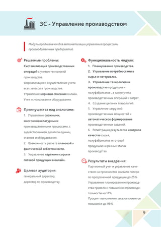 3С - Управление производством
Решаемые проблемы:
Систематизация производственных
операций с учетом технологий
производства.
Формализация и осуществление учета
всех запасов в производстве.
Управление нормами списания онлайн.
Учет использования оборудования.
Преимущества над аналогами:
1. Управление сложными,
многономенклатурными
производственными процессами, с
задействованием десятков единиц
станков и оборудования.
2. Возможность расчета плановой и
фактической себестоимости.
3. Управление партиями сырья и
готовой продукции в онлайн. Результаты внедрения:
Партионный учет и управление каче-
ством на произвостве снизило потери
по просроченной продукции до 25%
Управление планированием производ-
ства привело к повышению производи-
тельности на 17%
Процент выполнения заказов клиентов
повысился до 98%
Целевая аудитория:
генеральный директор;
директор по производству.
Функциональность модуля:
1. Планирование производства.
2. Управление потребностями в
сырье и материалах.
3. Управление технологиями
производства продукции и
полуфабрикатов , а также учета
производственных операций и затрат.
4. Создание цепочек технологий.
5. Управление загрузкой
производственных мощностей и
автоматическое формирование
производственных заданий.
6. Регистрация результатов контроля
качества сырья,
полуфабрикатов и готовой
продукции на разных этапах
производства.
9
Модуль предназначен для автоматизации управления процессами
производственных предприятий.
 