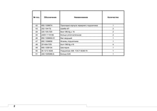 2
№ поз. Обозначение Наименование Количество
42 850.1308674 Прокладка корпуса переднего подшипника 1
43 252 154-П2 Шайба 6Л 2
44 220 105-П29 Винт М6-6g х 16 2
45 240Н-1118106 Кольцо уплотнительное 2
46 850.1308650-01 Вал ведущий 1
47 850.1308658 Фланец подшипника 1
48 201454-П29 Болт М8-6g х16 4
49 850.1308104 Шестерня 1
50 45 1213 4026 Подшипник 306 ГОСТ 8338-75 1
51 240-1005089-А Кольцо Б30 1
 
