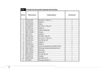 2
Рис.36 Устройство включения привода вентилятора
№ поз. Обозначение Наименование Количество
1 310122-П29 Болт М10 х 1,5-6g х 21 1
2 312482-П34 Шайба 10 2
3 849.1308730 Трубка 1
4 310096-П29 Болт М14 х 1,5-6g х 30 3
5 312326-П34 Шайба 14 9
6 849.1308754 Трубка подводящая 1
7 240-1104358 Колодка 1
8 252134-П2 Шайба 6.Т 1
9 201420-П29 Болт М6 х 1-6g х 20 1
10 310236-П29 Болт М10 х 1,5-6g х 45 1
11 201469-П29 Болт М8 -6g х 55 2
12 252135-П2 Шайба 8.Т 6
13 252005-П29 Шайба 8 4
14 45 7374 8686 Клапан электромагнитный КЭМ 32-23М1 1
15 849.1308737 Прокладка клапана электромагнитного 1*
16 849.1308752 Прокладка 1
17 849.1308736 Кронштейн 1
18 201458-П29 Болт М8 -6g х 25 3
19 315484-П29 Кляммер 1
20 200274-П29 Болт М8 -6g х 75 1
21 312766-П Прокладка 22х28х1,5 1
 