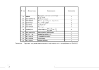 2
№ поз. Обозначение Наименование Количество
22 8.8446
Термореле включения вентилятора
661.3710-02
1
23 849.1308763-10 Трубка отводящая 1
24 849.1308677 Фланец крышки заднего подшипника 1
25 250517-П29 Гайка М10х1,25-6Н 3
26 252136-П2 Шайба 10.ОТ 3
27 849.1308678 Прокладка 1
28 216459-П29 Шпилька М10 х
g
п
65,1
35,1
−
−
х25
18
16
3
29 850.1308676-20 Корпус заднего подшипника 1
30 25 3111 2192 Кольцо 080-086-36-2-5 1
31 841.1318100 Пружина уплотнителя 1
32 841.1318098 Уплотнитель 1
33 841.1318097 Кольцо запорное 1
Примечание - * Прокладка может входить в состав клапана электромагнитного и иметь обозначение КЭМ 32.011.
 