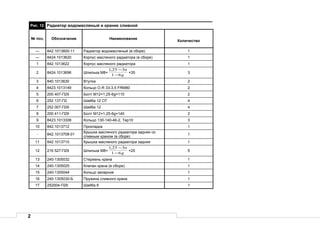 2
Рис. 12 Радиатор водомасляный и краник сливной
№ поз. Обозначение Наименование
Количество
— 842.1013600-11 Радиатор водомасляный (в сборе) 1
— 8424.1013620 Корпус масляного радиатора (в сборе) 1
1 842.1013622 Корпус масляного радиатора 1
2 8424.1013696 Шпилька М8×
g
n
61
325,1
−
−
×35 3
3 840.1013630 Втулка 2
4 8423.1013149 Кольцо O-R 33-3,5 FRM80 2
5 200 407-П29 Болт М12×1,25-6g×110 2
6 252 137-П2 Шайба 12 ОТ 4
7 252 007-П29 Шайба 12 4
8 200 411-П29 Болт М12×1,25-6g×140 2
9 8423.1013308 Кольцо 130-140-46-2, Тер10 3
10 842.1013712 Прокладка 1
- 842.1013708-01
Крышка масляного радиатора задняя со
сливным краном (в сборе)
1
11 842.1013710 Крышка масляного радиатора задняя 1
12 216 527-П29 Шпилька М8×
g
n
61
325,1
−
−
×25 5
13 240-1305032 Стержень крана 1
14 240-1305025 Клапан крана (в сборе) 1
15 240-1305044 Кольцо запарное 1
16 240-1305030-Б Пружина сливного крана 1
17 252004-П29 Шайба 6 1
 