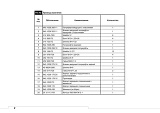 2
Рис.16а Привод агрегатов
№
поз.
Обозначение Наименование Количество
1 840.1029 260-11 Полумуфта ведущая с пластинами 1
2 840.1029 262-11
Фланец ведущей полумуфты
передний с пластинами
1
3 312 502–П29 Шайба 12 6
4 310 265-П2 Болт М12×1,25×26 4
5 314 132-П2 Шпонка 8×7×32 1
6 842.1029 286 Полумуфта ведомая 1
7 840.1029 288-10 Фланец ведомой полумуфты 1
8 252 136-П2 Шайба 10 ОТ 12
9 201 676-П29 Болт М10×1,25×25 4
10 252 161-П2 Шайба 20 Л 1
11 250 565-П29 Гайка М20×1,5 1
12 840.1029 270-10 Фланец ведущей полумуфты задний 1
13 45 9824 6266 Шпонка 6×9 1
14 250 517-П29 Гайка М10×1,25 2
15 842.1029 175-20
Корпус заднего подшипника с
уплотнителем
1
16 840.1029 178-10 Прокладка 1
17 840.1029170
Корпус переднего подшипника с
манжетой
1
18 840.1029 172 Корпус переднего подшипника 1
19 840.1029 438 Манжета (в сборе) 1
20 25 3111 2193 Кольцо 082-088-36-2-1 1
 