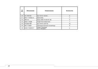 2
№
поз.
Обозначение Наименование Количество
20 201 678-П29 Болт М10×1,25×30 4
21 8431.1115182-10 Кронштейн 1
22 288 712 Хомут GBS 101/25-W1 SK 2
23 8424.1115048 Рукав 75-87,5×45-0,3(3) 1
24 45 9328 1097 Болт М10×1,25×100 14
25 840.1115026 Прокладка впускного коллектора 8
26 8435.1115040-01*
Рукав с кольцами
(FLX 7759-0001)
4
 