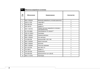 2
Рис. Механизм аварийного останова
№
поз.
Обозначение Наименование Количество
— 8431.1030230 Механизм аварийного останова двигателя 1
1 250 511-П29 Гайка М8×1 2
2 252 005-П29 Шайба 8 2
3 252 135-П2 Шайба 8 Т 2
4 8401.1030150
Привод заслонки аварийного останова с
электромагнитом
1
5 45 7374 6669 Электромагнит РС-336-02*** 1
6 236.1011358-А Прокладка 1
7 8401.1030242 Пружина заслонки 1
8 8401.1030240 Ось заслонки 1
9 310 444-П29 Шпилька М8×1,25×1×48 2
10 8431.1030240 Корпус заслонки 1
12 8401.1030244 Заслонка 1
13 8401.1030246 Пластина замковая 1
14 201 416-П29 Болт М6 ×12 2
15 312 326-П Шайба 12 1
16 316 104-П29 Пробка М12 1
17 216 553-П29 Шпилька М10×1,5×1,25×25 3
18 8431.1115154 Прокладка 1
 