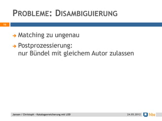 PROBLEME: DISAMBIGUIERUNG
16



        Matching zu ungenau
        Postprozessierung:
         nur Bündel mit gleichem Autor zulassen




     Jansen / Christoph - Kataloganreicherung mit LOD   24.05.2012
 