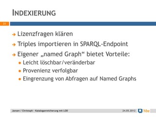 INDEXIERUNG
21



        Lizenzfragen klären
        Triples importieren in SPARQL-Endpoint
        Eigener „named Graph“ bietet Vorteile:
             Leicht löschbar/veränderbar
             Provenienz verfolgbar
             Eingrenzung von Abfragen auf Named Graphs




     Jansen / Christoph - Kataloganreicherung mit LOD   24.05.2012
 