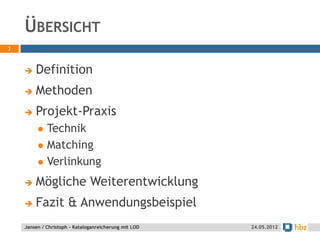 ÜBERSICHT
3



       Definition
       Methoden
       Projekt-Praxis
            Technik
            Matching
            Verlinkung
       Mögliche Weiterentwicklung
       Fazit & Anwendungsbeispiel
    Jansen / Christoph - Kataloganreicherung mit LOD   24.05.2012
 