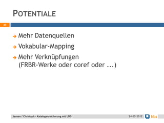 POTENTIALE
40



        Mehr Datenquellen
        Vokabular-Mapping
        Mehr Verknüpfungen
         (FRBR-Werke oder coref oder ...)




     Jansen / Christoph - Kataloganreicherung mit LOD   24.05.2012
 