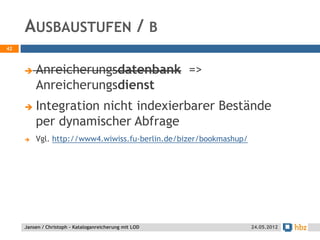 AUSBAUSTUFEN / B
42




     Jansen / Christoph - Kataloganreicherung mit LOD   24.05.2012
 