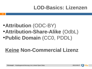 LOD-Basics: Lizenzen
39




 ●
   Attribution (ODC-BY)
 ●
   Attribution-Share-Alike (OdbL)
 ●
   Public Domain (CC0, PDDL)

     Keine Non-Commercial Lizenz

     Christoph - Kataloganreicherung à la Linked Open Data   2012-09-27
 