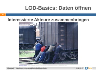 LOD-Basics: Daten öffnen
41



     Interessierte Akteure zusammenbringen




                    Bildquelle: http://www.flickr.com/photos/johnspooner/2199685678/
     Christoph - Kataloganreicherung à la Linked Open Data                             2012-09-27
 