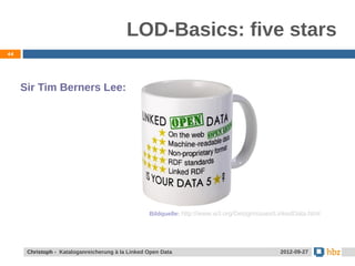 LOD-Basics: five stars
44




     Sir Tim Berners Lee:




                                                  Bildquelle: http://www.w3.org/DesignIssues/LinkedData.html




      Christoph - Kataloganreicherung à la Linked Open Data                                   2012-09-27
 