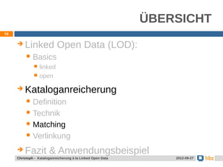 ÜBERSICHT
58


        Linked Open Data (LOD):
           Basics
                 linked
                 open

        Kataloganreicherung
           Definition

           Technik

           Matching

           Verlinkung

        Fazit & Anwendungsbeispiel
     Christoph - Kataloganreicherung à la Linked Open Data       2012-09-27
 