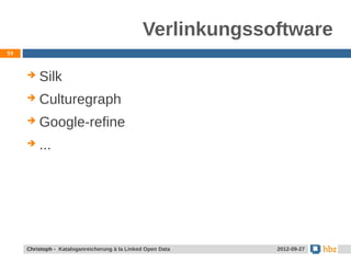 Verlinkungssoftware
59



        Silk
        Culturegraph
        Google-refine
        ...




     Jansen / Christoph - Kataloganreicherung mit LOD Data
     Christoph - Kataloganreicherung à la Linked Open        24.05.2012
                                                              2012-09-27
 