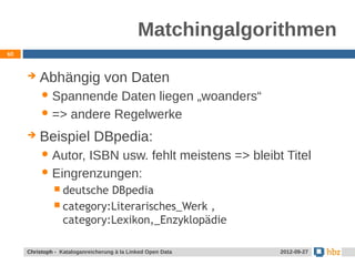 Matchingalgorithmen
60



        Abhängig von Daten
           Spannende  Daten liegen „woanders“
           => andere Regelwerke

        Beispiel DBpedia:
           Autor,ISBN usw. fehlt meistens => bleibt Titel
           Eingrenzungen:
               deutsche DBpedia
               category:Literarisches_Werk ,
                category:Lexikon,_Enzyklopädie

     Jansen / Christoph - Kataloganreicherung mit LOD Data
     Christoph - Kataloganreicherung à la Linked Open        24.05.2012
                                                              2012-09-27
 