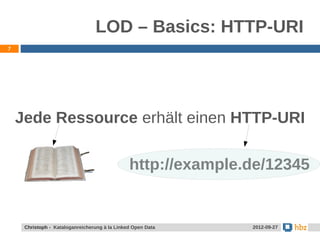 LOD – Basics: HTTP-URI
7




    Jede Ressource erhält einen HTTP-URI

                                               http://example.de/12345


     Christoph - Kataloganreicherung à la Linked Open Data    2012-09-27
 