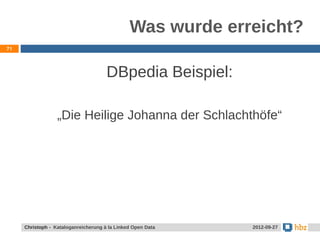 Was wurde erreicht?
71




                                      DBpedia Beispiel:

                  „Die Heilige Johanna der Schlachthöfe“




     Jansen / Christoph - Kataloganreicherung mit LOD Data
     Christoph - Kataloganreicherung à la Linked Open        24.05.2012
                                                              2012-09-27
 