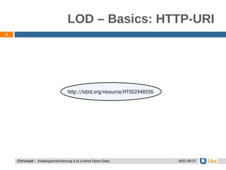 LOD – Basics: HTTP-URI
8




    Christoph - Kataloganreicherung à la Linked Open Data   2012-09-27
 