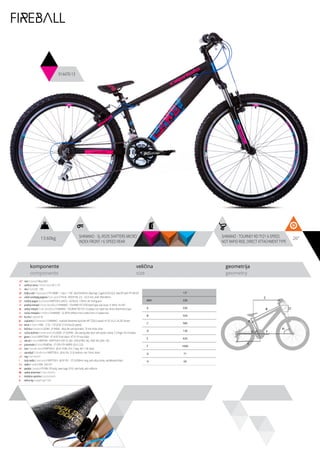 13.60kg 26”SHIMANO - SL-RS35 SHIFTERS MICRO
INDEX FRONT / 6 SPEED REAR
SHIMANO - TOURNEY RD-TY21 6-SPEED,
NOT RAPID-RISE, DIRECT ATTACHMENT TYPE
komponente
components
veličina
size
geometrija
geometry
C
DB
A
F
H
G
E
FIREBALL
914470-13
ram / frame / Alloy 6061
veličina rama / frame size / 26” x 13”
vila / fork / XC - 550
šoljica vile / head parts / FP-H808F - 11pcs, 1-1/8”, 28.6/34/30mm, Bearings: Caged (5/32”x22), Steel ED with FP-HW-03
uložci srednjeg pogona / b.b. parts / THUN - ROCKY ML 2.0 - 122.5 mm, shell: BSA 68mm
srednji pogon /crankset / KRIPTON X LASCO - 42/34/24, 170mm, W/ chainguard
prednji menjač / front derailleur / SHIMANO - TOURNEY FD-TZ30 band type, top-route, 31.8mm, for 44T
zadnji menjač / rear derailleur / SHIMANO - TOURNEY RD-TY21 6-speed, not rapid-rise, direct attachment type
ručica menjača / shifters / SHIMANO - SL-RS35 shifters micro index front / 6 speed rear
brzina / speed / 18
zupčanici / freewheel / SHIMANO - multiple freewheel sprocket MF-TZ20 6-speed 14-16-18-21-24-28T brown
lanac / chain / KMC - Z-33 - 1/2”x3/32” (114 links) (6 speed)
kočnica / brakes / LOGAN - JY-946AE - alloy die casting brakes, 70 mm shoe, silver
ručica kočnice / brake levers / LOGAN - JY-325PAE - die casting alloy lever with plastic clamp, 2.5 finger, for V-brakes
glave / hubs / KRYPTONX - KT-A15F front black / KT-A11R rear black
obruči / rims / KRIPTON - KRYPTON-X 559-19, 36H , EYELETING: NO, RDA: NO, GBS: YES
pneumatici / tires / RUBENA - 57-559 V79 HARPIE (26 X 2.25)
lula / handle stem / KRIPTON X - JB-A114-8A, 25.4, 7 deg., 80 1-1/8, black
upravljač / handle bar / KRIPTON X - JB-AL104, 31.8, 640mm, rise 15mm, black
rog / bar ends / -
stub sedla / seat post / KRIPTON X - JB-SP-301 - 27.2x200mm long, with alloy clamp, sandblasted black
sedlo / sadle / DDK- 242 D-9
pedale / pedals / FP-906, PP body, steel cage, 9/16”, with balls, with reflector
zadnji amortizer / rear shock / -
dodatna oprema / accesories / -
težina kg / weight kg / 13.6
13”
MM 330
A 330
B 559
C 589
D 130
E 429
F 1080
G 71
H 69
 