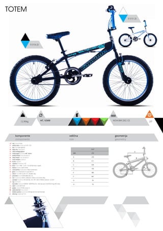 ram / frame / Hi-ten
veličina rama / frame size / 20” x 10.5”
vila / fork / Steel rigid fork
šoljica vile / head parts /
uložci srednjeg pogona /
srednji pogon /crankset / 44T, 165mm
prednji menjač / front derailleur / -
zadnji menjač / rear derailleur / -
ručica menjača / shifters / -
brzina / speed / 1
zupčanici / freewheel / 16T
lanac / chain / KMC - C-410 - 1/2”x1/8” (86 links) (1 speed)
kočnica / brakes / steel V-brake
ručica kočnice / brake levers / alloy V-brake levers
glave / hubs / front S01E-14 / rear S01F-14
obruči / rims / BX-14, 20”x1.75”, 14Gx48H, alloy
pneumatici / tires / INOVA BMX 20X2.125
lula / handle stem / BA-91, ID28.6mm x 30mm x ext 53.5mm, Alloy
upravljač / handle bar / BC-MX-33N, 1.8t x 7/8” x 640 x R:200mm, barbore = 22.2mm
rog / bar ends / -
stub sedla / seat post / WADER - GWSPSTEEL25.4 - steel seat post 25.4x350mm long, W/O clamp
sedlo / sadle / GW716-02
pedale / pedals / FP-836, screw 1/2
zadnji amortizer / rear shock / -
dodatna oprema / accesories / 360 deg rotor set, steel hub steps
težina kg / weight kg / 12.9
12.90kg 20”INOVA BMX 20X2.125
komponente
components
veličina
size
geometrija
geometry
TOTEM
913154-20
913151-20
10.5”
MM 270
A 270
B 511
C 535
D 105
E 385
F 941
G 70
H 74
44T, 165MM
C
DB
A
F
H
G
E
 