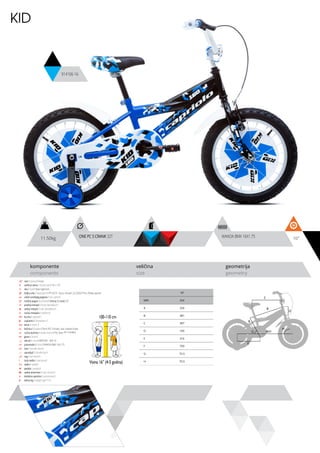 11.50kg 16”
komponente
components
veličina
size
geometrija
geometry
KID
914106-16
100-110 cm
Visina 16” (4-5 godina)
WANDA BMX 16X1.75ONE PC S CRANK 32T
ram / frame / Hi-ten
veličina rama / frame size / 16” x 10”
vila / fork / Steel rigid fork
šoljica vile / head parts / FP-H515 - 8 pcs, thread: 22.2/30/27mm, W/key washer
uložci srednjeg pogona / b.b. parts /
srednji pogon /crankset / One pc S crank 32T
prednji menjač / front derailleur / -
zadnji menjač / rear derailleur / -
ručica menjača / shifters / -
brzina / speed / 1
zupčanici / freewheel /
lanac / chain /
kočnica / brakes / front PVC V-brake, rear coaster brake
ručica kočnice / brake levers / PVC lever for V-brakes
glave / hubs /
obruči / rims / KRIPTON - 305-19
pneumatici / tires / WANDA BMX 16x1.75
lula / handle stem /
upravljač / handle bar /
rog / bar ends / -
stub sedla / seat post /
sedlo / sadle /
pedale / pedals /
zadnji amortizer / rear shock / -
dodatna oprema / accesories / -
težina kg / weight kg / 11.5
10”
MM 254
A 254
B 381
C 397
D 100
E 316
F 759
G 72.5
H 70.5
C
D
B
A
F
H
G
E
 