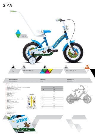 9kg 12”
komponente
components
veličina
size
geometrija
geometry
STAR
914101-12
85-100 cm
Visina 12” (3-4 godina)
WANDA BMX 12X1.75ONE PC S CRANK 28T
ram / frame / Hi-ten
veličina rama / frame size / 12” x 6.5”
vila / fork / Steel rigid fork
šoljica vile / head parts / FP-H515 - 8 pcs, thread: 22.2/30/27mm, W/key washer
uložci srednjeg pogona / b.b. parts /
srednji pogon /crankset / One pc S crank 28T
prednji menjač / front derailleur / -
zadnji menjač / rear derailleur / -
ručica menjača / shifters / -
brzina / speed / 1
zupčanici / freewheel /
lanac / chain /
kočnica / brakes / front PVC V-brake, rear coaster brake
ručica kočnice / brake levers / PVC lever for V-brakes
glave / hubs /
obruči / rims / KRIPTON - 197-19
pneumatici / tires / WANDA BMX 12x1.75
lula / handle stem /
upravljač / handle bar /
rog / bar ends / -
stub sedla / seat post /
sedlo / sadle /
pedale / pedals /
zadnji amortizer / rear shock / -
dodatna oprema / accesories / -
težina kg / weight kg / 9
6.5”
MM 170
A 170
B 297
C 317
D 90
E 267
F 584
G 69
H 71
C
D
B
A
F
H
G
E
 