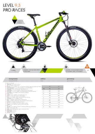 15,40kg 29”SHIMANO - ST-EF 652 INDEX FRONT /
8-SPEED REAR
SHIMANO - ALTUS RD-M280 8 SPEED,
TOP NORMAL, DIRECT ATTACHMENT
komponente
components
veličina
size
geometrija
geometry
LEVEL 9.3
PRO RACES
C
DB
A
F
H
G
E
914535-19
914535-21
ram / frame / Alloy 6061
veličina rama / frame size / 29” x 19”; 29” x 21”
vila / fork / SUNTOUR - XCT-MLO-DS 29-V4
šoljica vile / head parts / FP-H812PL - 7pcs, 1-1/8”, 28.6/44/30mm, Bearings: Caged (5/32”x22), Steel ED with -FPHW-03
uložci srednjeg pogona / b.b. parts / THUN - ROCKY ML2.0- 122.5 mm, shell: BSA 68mm
srednji pogon /crankset / , KRIPTON X LASCO 170mm, BLACK 42-34-24
prednji menjač / front derailleur / SHIMANO - FD-TX50 low clamp, silver, Ø34.9 dual pull
zadnji menjač / rear derailleur / SHIMANO - ALTUS RD-M280 8 speed, top normal, direct attachment
ručica menjača / shifters / SHIMANO - ST-EF 652 index front / 8-speed rear
brzina / speed / 24
zupčanici / freewheel / SHIMANO - CS-HG31 8 MTB Cassette 11-30
lanac / chain / KMC - HG50 1/2”x3/32” (114 LINKS) (8 SPEEDS)
kočnica / brakes / SHIMNAO - BR-M375 - disc brake, 160mm front, 160 mm rear
ručica kočnice / brake levers / SHIMANO - ST-EF 652
glave / hubs / KRIPTON X - KT-MP7F front black / KT-MP4R rear black
obruči / rims / KRIPTON - KRYPTON-X 622-19, 36H , EYELETING: NO, RDA: NO, GBS: NO
pneumatici / tires / RUBENA - 54-622 V85 OCELOT 29x2.10
lula / handle stem / KRIPTON X - JB-A112-8A, 31.8, 7 deg, 90 1-1/8, black
upravljač / handle bar / KRIPTON X - JB-AL104, 31.8, 620, rise 15mm, black
rog / bar ends / -
stub sedla / seat post / KRIPTON X - JB-SP-306 - 31.6x350m long, with alloy clamp, sandblasted black
sedlo / sadle / SELLE ROYAL - MACH
pedale / pedals / FP-906,PP body, steel cage, 9/16”, with balls, with reflector
zadnji amortizer / rear shock / -
dodatna oprema / accesories / -
težina kg / weight kg / 15.4
19” 21”
MM 483 533
A 483 533
B 587 610
C 596 635
D 130 130
E 440 440
F 1098 1119
G 73 73
H 70.5 70.5
 