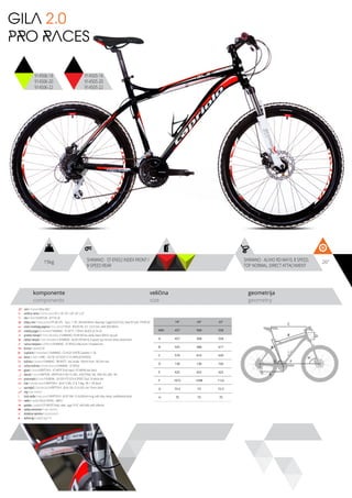 15kg 26”SHIMANO - ST-EF652 INDEX FRONT /
8-SPEED REAR
SHIMANO - ALIVIO RD-M410, 8 SPEED,
TOP NORMAL, DIRECT ATTACHMENT
komponente
components
veličina
size
geometrija
geometry
C
DB
A
F
H
G
E
GILA 2.0
PRO RACES
914505-18
914505-20
914505-22
914506-18
914506-20
914506-22
ram / frame / Alloy 6061
veličina rama / frame size / 26” x 18”; 26” x 20”; 26” x 22”
vila / fork / SUNTOUR - XCT DS 26
šoljica vile / head parts / FP-H812PL - 7pcs, 1-1/8”, 28.6/44/30mm, Bearings: Caged (5/32”x22), Steel ED with -FPHW-03
uložci srednjeg pogona / b.b. parts / THUN - ROCKY ML 2.0- 122.5 mm, shell: BSA 68mm
srednji pogon /crankset / SHIMANO - FC-M171, 170mm, BLACK 42-34-24
prednji menjač / front derailleur / SHIMANO- FD-M190 low clamp, black, Ø34.9, top pull
zadnji menjač / rear derailleur / SHIMANO - ALIVIO RD-M410, 8 speed, top normal, direct attachment
ručica menjača / shifters / SHIMANO - ST-EF652 index front / 8-speed rear
brzina / speed / 24
zupčanici / freewheel / SHIMNAO - CS-HG31 8 MTB Cassette 11-30
lanac / chain / KMC - HG-50 1/2”x3/32” (114 LINKS) (8 SPEEDS)
kočnica / brakes / SHIMNAO - BR-M375 - disc brake, 160mm front, 160 mm rear
ručica kočnice / brake levers / SHIMANO - ST-EF652
glave / hubs / KRIPTON X - KT-MP7F front black / KT-MP4R rear black
obruči / rims / KRIPTON - KRYPTON-X 559-19, 36H , EYELETING: NO, RDA: NO, GBS: NO
pneumatici / tires / RUBENA - 54-559 V75 SCYLA SPORT 26x2.10 white line
lula / handle stem / KRIPTON X - JB-A112-8A, 31.8, 7 deg., 90 1-1/8, black
upravljač / handle bar / KRIPTON X - JB-AL104, 31.8, 620, rise 15mm, black
rog / bar ends / -
stub sedla / seat post / KRIPTON X - JB-SP-306- 31.6x350mm long, with alloy clamp, sandblasted black
sedlo / sadle / SELLE ROYAL - MACH
pedale / pedals / FP-906,PP body, steel cage, 9/16”, with balls, with reflector
zadnji amortizer / rear shock / -
dodatna oprema / accesories / -
težina kg / weight kg / 15
18” 20” 22”
MM 457 508 558
A 457 508 558
B 555 588 617
C 579 610 639
D 130 130 160
E 425 425 425
F 1072 1098 1122
G 73.5 73 72.5
H 70 70 70
 