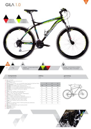 C
D
B
A
F
H
G
E
15kg26” SHIMANO - ALIVIO RD-M410, 8 SPEED,
TOP NORMAL, DIRECT ATTACHMENT
SHIMANO - ST-EF652 INDEX FRONT /
8-SPEED REAR
komponente
components
veličina
size
geometrija
geometry
GILA 1.0
914501-18
914501-20
914501-22
23
22
914500-18
914500-20
914500-22
ram / frame / Alloy 6061
veličina rama / frame size / 26” x 18”; 26” x 20”; 26” x 22”
vila / fork / SUNTOUR - XCT 26
šoljica vile / head parts / FP-H812PL - 7pcs, 1-1/8”, 28.6/44/30mm, Bearings: Caged (5/32”x22), Steel ED with -FPHW-03
uložci srednjeg pogona / b.b. parts / THUN - ROCKY ML 2.0- 122.5 mm, shell: BSA 68mm
srednji pogon /crankset / SHIMANO - FC-M171, 170mm, BLACK 42-34-24
prednji menjač / front derailleur / SHIMANO- FD-M190 low clamp, black, Ø34.9, top pull
zadnji menjač / rear derailleur / SHIMANO - ALIVIO RD-M410, 8 speed, top normal, direct attachment
ručica menjača / shifters / SHIMANO - ST-EF652 index front / 8-speed rear
brzina / speed / 24
zupčanici / freewheel / SHIMNAO - CS-HG31 8 MTB Cassette 11-30
lanac / chain / KMC - HG-50 1/2”x3/32” (114 LINKS) (8 SPEEDS)
kočnica / brakes / AVID – SINGLE DIGIT 3 BLACK, 90 DEG., 16.0MM FIXING BOLTS
ručica kočnice / brake levers / SHIMANO - ST-EF652
glave / hubs / KRIPTON X - KT-A15F front black / KT-AZER rear black
obruči / rims / KRIPTON - KRYPTON-X 559-19, 36H , EYELETING: NO, RDA: NO, GBS: YES
pneumatici / tires / RUBENA - 54-559 V75 SCYLA SPORT 26x2.10 white line
lula / handle stem / KRIPTON X - JB-A112-8A, 31.8, 7 deg., 90 1-1/8, black
upravljač / handle bar / KRIPTON X - JB-AL104, 31.8, 620, rise 15mm, black
rog / bar ends / -
stub sedla / seat post / KRIPTON X - JB-SP-306- 31.6x350mm long, with alloy clamp, sandblasted black
sedlo / sadle / SELLE ROYAL - MACH
pedale / pedals / FP-906,PP body, steel cage, 9/16”, with balls, with reflector
zadnji amortizer / rear shock / -
dodatna oprema / accesories / -
težina kg / weight kg / 15
18” 20” 22”
MM 457 508 558
A 457 508 558
B 555 588 617
C 579 610 639
D 130 130 160
E 425 425 425
F 1072 1098 1122
G 73.5 73 72.5
H 70 70 70
 