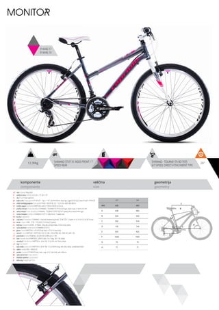 12.30kg 26”SHIMANO ST-EF 51 INDEX FRONT / 7
SPEED REAR
SHIMANO - TOURNEY TX RD-TX35
6/7-SPEED, DIRECT ATTACHMENT TYPE
komponente
components
veličina
size
geometrija
geometry
C
D
B
A
F
H
G
E
MONITOR
914446-17
914446-19
ram / frame / Alloy 6061
veličina rama / frame size / 26” x 17”; 26” x 19”
vila / fork / Steel rigid fork
šoljica vile / head parts / FP-H812PL - 7pcs, 1-1/8”, 28.6/44/30mm, Bearings: Caged (5/32”x22), Steel ED with -FPHW-03
uložci srednjeg pogona / b.b. parts / THUN - ROCKY ML 2.0 - 122.5 mm, shell: BSA 68mm
srednji pogon /crankset / KRIPTON X LASCO 170mm, WHITE 42-34-24
prednji menjač / front derailleur / SHIMANO - TOURNEY FD-TY10 band type, down-route, 31.8mm, for 44T
zadnji menjač / rear derailleur / SHIMANO - TOURNEY TX RD-TX35 6/7-speed, direct attachment type
ručica menjača / shifters / SHIMANO ST-EF 51 index front / 7 speed rear
brzina / speed / 21
zupčanici / freewheel / SHIMANO - multiple freewheel sprocket, TZ MF-TZ21 7-speed 14-16-18-20-22-24-28T brown
lanac / chain / KMC - Z-50 - 1/2”x3/32” (114 links) (7 speed)
kočnica / brakes / LOGAN - JY-946AE - alloy die casting brakes, 70 mm shoe, black
ručica kočnice / brake levers / SHIMANO ST-EF 51
glave / hubs / KRIPTON X - KT-A15F front black / KT-A11R rear black
obruči / rims / KRIPTON - KRYPTON-X 559-19, 36H , EYELETING: NO, RDA: NO, GBS: YES
pneumatici / tires / RUBENA - 50-559 V58 COBRA (26 X 1.90)
lula / handle stem / KRIPTON X - JB-A112-8A, 31.8, 7 deg., 90 1-1/8, white
upravljač / handle bar / KRIPTON X - JB-AL104, 31.8, 620, rise 15mm, white
rog / bar ends / -
stub sedla / seat post / KRIPTON X - JB-SP-306- 27.2x250mm long, with alloy clamp, sandblasted black
sedlo / sadle / DDK - D5633-02
pedale / pedals / FP-906,PP body, steel cage, 9/16”, with balls, with reflector
zadnji amortizer / rear shock / -
dodatna oprema / accesories / -
težina kg / weight kg / 12.3
17” 19”
MM 430 483
A 430 483
B 525 553
C 552 574
D 135 145
E 425 425
F 1026 1041
G 72 72
H 71 71
 