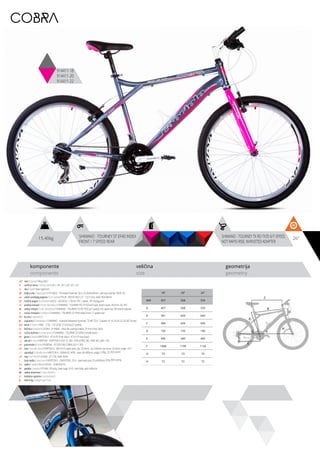 15.40kg 26”SHIMANO - TOURNEY ST-EF40 INDEX
FRONT / 7 SPEED REAR
SHIMANO - TOURNEY TX RD-TX35 6/7-SPEED,
NOT RAPID-RISE, W/RIVETED ADAPTER
komponente
components
veličina
size
geometrija
geometry
C
D
B
A
F
H
G
E
COBRA
914411-18
914411-20
914411-22
ram / frame / Alloy 6061
veličina rama / frame size / 26” x 18”; 26” x 20”; 26” x 22”
vila / fork / Steel rigid fork
šoljica vile / head parts / FP-H853 - Threaded head set 7pcs, 25.4x44x30mm , with key washer, finish: ED
uložci srednjeg pogona / b.b. parts / THUN - ROCKY MLK 2.0 - 122.5 mm, shell: BSA 68mm
srednji pogon /crankset / LASCO - 42/34/24 , 170mm, PVC coated, W/ chainguard
prednji menjač / front derailleur / SHIMANO - TOURNEY FD-TY10 band type, down-route, 28.6mm, for 44T
zadnji menjač / rear derailleur / SHIMANO - TOURNEY TX RD-TX35 6/7-speed, not rapid-rise, W/riveted adapter
ručica menjača / shifters / SHIMANO - TOURNEY ST-EF40 index front / 7 speed rear
brzina / speed / 21
zupčanici / freewheel / SHIMANO - multiple freewheel sprocket, TZ MF-TZ21 7-speed 14-16-18-20-22-24-28T brown
lanac / chain / KMC - Z-50 - 1/2”x3/32” (114 links) (7 speed)
kočnica / brakes / LOGAN - JY-946AE - alloy die casting brakes, 70 mm shoe, black
ručica kočnice / brake levers / SHIMANO - TOURNEY ST-EF40 V-brake levers
glave / hubs / KRIPTON X - KT-A15F front black / KT-A11R rear black
obruči / rims / KRIPTON - KRYPTON-X 559-19, 36H , EYELETING: NO, RDA: NO, GBS: YES
pneumatici / tires / RUBENA - 50-559 V58 COBRA (26 X 1.90)
lula / handle stem / KRIPTON X - MD-HS15-steel stem, dia. 25.4mm, ext:100mm, bar bore: 25.4mm, angle +25 °
upravljač / handle bar / KRIPTON X - GWHB-02, MTB - steel, W=580mm, angle: 5 deg., 22.2X25.4mm
rog / bar ends / LOGAN - LE-T-56, steel, black
stub sedla / seat post / KRIPTON X - GWSPSTEEL 25.4 - steel seat post 25.4x300mm long, W/O clamp
sedlo / sadle / SELLE ROYAL - SHADOW PU
pedale / pedals / FP-906, PP body, steel cage, 9/16”, with balls, with reflector
zadnji amortizer / rear shock / -
dodatna oprema / accesories / -
težina kg / weight kg / 15.4
18” 20” 22”
MM 457 508 559
A 457 508 559
B 561 609 643
C 584 626 650
D 150 150 160
E 440 440 440
F 1068 1109 1134
G 73 73 73
H 72 72 72
 
