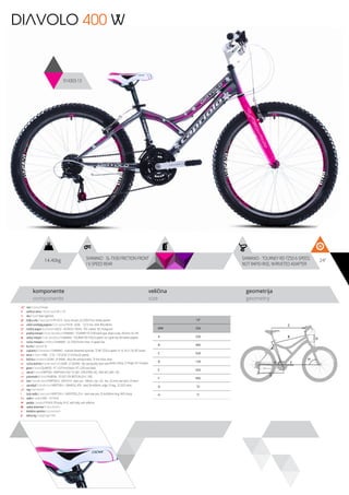 SHIMANO - SL-TX30 FRICTION FRONT
/ 6 SPEED REAR
SHIMANO - TOURNEY RD-TZ50 6-SPEED,
NOT RAPID-RISE, W/RIVETED ADAPTER
komponente
components
veličina
size
geometrija
geometry
DIAVOLO 400 W
914303-13
C
D
B
A
F
H
G
E
14.40kg 24”
ram / frame / Hi-ten
veličina rama / frame size / 24” x 13”
vila / fork / Steel rigid fork
šoljica vile / head parts / FP-H515 - 8 pcs, thread: 22.2/30/27mm, W/key washer
uložci srednjeg pogona / b.b. parts / THUN - GOAL - 122.5 mm, shell: BSA 68mm
srednji pogon /crankset / LASCO - 42/34/24 170mm, PVC coated, W/ chainguard
prednji menjač / front derailleur / SHIMANO - TOURNEY FD-TZ30 band type, down-route, 28.6mm, for 44T
zadnji menjač / rear derailleur / SHIMANO - TOURNEY RD-TZ50 6-speed, not rapid-rise, W/riveted adapter
ručica menjača / shifters / SHIMANO - SL-TX30 friction front / 6 speed rear
brzina / speed / 18
zupčanici / freewheel / SHIMANO - multiple freewheel sprocket, TZ MF-TZ20 6-speed 14-16-18-21-24-28T brown
lanac / chain / KMC - Z-33 - 1/2”x3/32” (114 links) (6 speed)
kočnica / brakes / LOGAN - JY-946AE - alloy die casting brakes, 70 mm shoe, silver
ručica kočnice / brake levers / LOGAN - JY-332PAE - die casting alloy lever with plastic clamp, 2.5 finger, for V-brakes
glave / hubs / QUANDO - KT-122F front black / KT-122R rear black
obruči / rims / KRIPTON - KRYPTON-X 507-19, 36H , EYELETING: NO, RDA: NO, GBS: YES
pneumatici / tires / RUBENA - 50-507 V78 NEPTUN (24 X 1.90)
lula / handle stem / KRIPTON X - GW-HS14 - steel, ext.: 100mm, rise: +25, dia.: 22.2mm, bar bore: 25.4mm
upravljač / handle bar / KRIPTON X - GWHB-02, ATB - steel, W=600mm, angle 15 deg., 22.2X25.4mm
rog / bar ends / -
stub sedla / seat post / KRIPTON X - GWSPSTEEL25.4 - steel seat post 25.4x200mm long, W/O clamp
sedlo / sadle / DDK - 1217A XC
pedale / pedals / FP-818, PP body, 9/16”, with balls, with reflector
zadnji amortizer / rear shock / -
dodatna oprema / accesories / -
težina kg / weight kg / 14.4
13”
MM 330
A 330
B 495
C 520
D 130
E 420
F 992
G 72
H 71
 