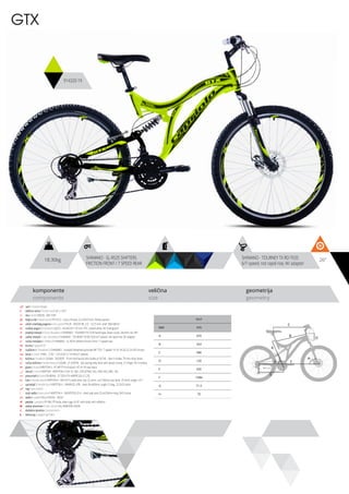 18.30kg 26”SHIMANO - SL-RS35 SHIFTERS
FRICTION FRONT / 7 SPEED REAR
SHIMANO - TOURNEY TX RD-TX35
6/7-speed, not rapid-rise, W/ adapter
komponente
components
veličina
size
geometrija
geometry
C
D
B
A
F
H
G
E
GTX
914320-19
ram / frame / Hi-ten
veličina rama / frame size / 26” x 18.5”
vila / fork / MODE - MD-735F
šoljica vile / head parts / FP-H515 - 8 pcs, thread: 22.2/30/27mm, W/key washer
uložci srednjeg pogona / b.b. parts / THUN - ROCKY ML 2.0 - 122.5 mm, shell: BSA 68mm
srednji pogon /crankset / LASCO - 42/34/24T,170 mm, PVC coated white, W/ chainguard
prednji menjač / front derailleur / SHIMANO - TOURNEY FD-TZ30 band type, down-route, 28.6mm, for 44T
zadnji menjač / rear derailleur / SHIMANO - TOURNEY TX RD-TX35 6/7-speed, not rapid-rise, W/ adapter
ručica menjača / shifters / SHIMANO - SL-RS35 shifters friction front / 7 speed rear
brzina / speed / 21
zupčanici / freewheel / SHIMANO - multiple freewheel sprocket MF-TZ31 7-speed 14-16-18-20-22-24-34T brown
lanac / chain / KMC - Z-50 - 1/2”x3/32” (114 links) (7 speed)
kočnica / brakes / LOGAN - DX2003F - Front mechanical disc brake; JY-927AE - Rear V-brake, 70 mm shoe, black
ručica kočnice / brake levers / LOGAN - JY-325PAE - die casting alloy lever with plastic clamp, 2.5 finger, for V-brakes
glave / hubs / KRIPTON X - KT-MP7F front black / KT-A11R rear black
obruči / rims / KRIPTON - KRYPTON-X 559-19, 36H , EYELETING: NO, RDA: NO, GBS: NO
pneumatici / tires / RUBENA - 57-559 V79 HARPIE (26 X 2.25)
lula / handle stem / KRIPTON X - MD-HS15-steel stem, dia. 22.2mm, ext:100mm, bar bore: 25.4mm, angle +25 °
upravljač / handle bar / KRIPTON X - GWHB-02, ATB - steel, W=600mm, angle 15 deg., 22.2X25.4mm
rog / bar ends / -
stub sedla / seat post / KRIPTON X - GWSPSTEEL25.4 - steel seat post 25.4x250mm long, W/O clamp
sedlo / sadle / SELLE ROYAL - WOLF
pedale / pedals / FP-906, PP body, steel cage, 9/16”, with balls, with reflector
zadnji amortizer / rear shock / KLJ 400B 850 LBS/IN
dodatna oprema / accesories / -
težina kg / weight kg / 18.3
18.5”
MM 470
A 470
B 553
C 586
D 120
E 435
F 1084
G 71.5
H 70
 