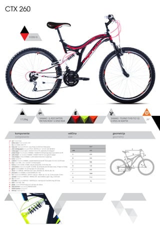 26”
komponente
components
veličina
size
geometrija
geometry
C
D
B
A
F
H
G
E
CTX 260
913350-18
17.20kg SHIMANO - SL-RS35 SHIFTERS
FRICTION FRONT / 6 SPEED REAR
SHIMANO - TOURNEY TX RD-TY21 GS
6-SPEED, W/ ADAPTER
ram / frame / Hi-ten
veličina rama / frame size / 26” x 18.5”
vila / fork / MODE - MD-711X
šoljica vile / head parts / FP-H515 - 8 pcs, thread: 22.2/30/27mm, W/key washer
uložci srednjeg pogona / b.b. parts / THUN - ROCKY ML 2.0 - 122.5 mm, shell: BSA 68mm
srednji pogon /crankset / LASCO - 42/34/24T,170 mm, PVC coated white, W/ chainguard
prednji menjač / front derailleur / SHIMANO - TOURNEY FD-TZ30 band type, down-route, 28.6mm, for 44T
zadnji menjač / rear derailleur / SHIMANO - TOURNEY TX RD-TY21 GS 6-speed, W/ adapter
ručica menjača / shifters / SHIMANO - SL-RS35 shifters friction front / 6 speed rear
brzina / speed / 18
zupčanici / freewheel / SHIMANO - multiple freewheel sprocket MF-TZ20 6-speed 14-16-18-21-24-28T brown
lanac / chain / KMC - Z-33 - 1/2”x3/32” (114 links) (6 speed)
kočnica / brakes / LOGAN - JY-946AE - alloy die casting brakes, 70 mm shoe, silver
ručica kočnice / brake levers / LOGAN - JY-325PAE - die casting alloy lever with plastic clamp, 2.5 finger, for V-brakes
gglave / hubs / QUANDO - KT-122F front black / KT-122R rear black
obruči / rims / KRIPTON - KRYPTON-X 559-19, 36H , EYELETING: NO, RDA: NO, GBS: YES
pneumatici / tires / RUBENA - 52-559 V36 RAPID (26 X 1.95)
lula / handle stem / KRIPTON X - GW-HS14 - steel, ext.: 100mm, rise: +25, dia.: 22.2mm, bar bore: 25.4mm
upravljač / handle bar / KRIPTON X - GWHB-02, ATB - steel, W=600mm, angle 15 deg., 22.2X25.4mm
rog / bar ends / -
stub sedla / seat post / KRIPTON X - GWSPSTEEL25.4 - steel seat post 25.4x250mm long, W/O clamp
sedlo / sadle / DDK - 2582
pedale / pedals / FP-818 PP body, 9/16”, with balls, with reflector
zadnji amortizer / rear shock / LJ 400B 850 LBS/IN
dodatna oprema / accesories / -
težina kg / weight kg / 17.2
18.5”
MM 470
A 470
B 553
C 586
D 120
E 435
F 1084
G 71.5
H 70
 