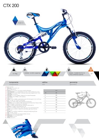 20”
komponente
components
veličina
size
geometrija
geometry
C
D
B
A
F
H
G
E
CTX 200
913331-13
14.10kg SHIMANO - SL-RS35 6 speed rear SHIMANO - TOURNEY RD-TY21 SS
6-SPEED, W/RIVETED ADAPTER
ram / frame / Hi-ten
veličina rama / frame size / 20” x 14.3”
vila / fork / MODE - MD-711X
šoljica vile / head parts / FP-H515 - 8 pcs, thread: 22.2/30/27mm, W/key washer
uložci srednjeg pogona / b.b. parts / FP-602 BB parts 5 pcs, thread: 1.37”X24T, 1/4”X9 ball, axle: 3T, 126 mm
srednji pogon /crankset / LASCO - RP840DP - cotterless type, steel with plastic chainguard, size: 40T X 152mm
prednji menjač / front derailleur / -
zadnji menjač / rear derailleur / SHIMANO - TOURNEY RD-TY21 SS 6-speed, W/riveted adapter
ručica menjača / shifters / SHIMANO - SL-RS35 6 speed rear
brzina / speed / 6
zupčanici / freewheel / SHIMANO - multiple freewheel sprocket, TZ MF-TZ20 6-speed 14-16-18-21-24-28T brown
lanac / chain / KMC - Z-33 - 1/2”x3/32” (114 links) (6 speed)
kočnica / brakes / LOGAN - JY-946AE - alloy die casting brakes, 70 mm shoe, silver
ručica kočnice / brake levers / LOGAN - JY-139PAE - die casting alloy lever with plastic clamp, 2.5 finger, for V-brakes
glave / hubs / QUANDO - KT-122F front black / KT-122R rear black
obruči / rims / KRIPTON - KRYPTON-X 406-19, 36H , EYELETING: NO, RDA: NO, GBS: YES
pneumatici / tires / RUBENA - 50-406 V78 NEPTUN (20 X 1.90)
lula / handle stem / KRIPTON X - GW-HS14 - steel, ext.: 60mm, rise: +25, dia.: 22.2mm, bar bore: 25.4mm
upravljač / handle bar / KRIPTON X - GWHB-02, ATB - steel, W=500mm, angle 15 deg., 22.2X25.4mm
rog / bar ends / -
stub sedla / seat post / KRIPTON X - GWSPSTEEL25.4 - steel seat post 25.4x200mm long, W/O clamp
sedlo / sadle / DDK - 1216 rush 2
pedale / pedals / FP-818, PP body, 9/16”, with ball, with reflector, 2-face axle
zadnji amortizer / rear shock / LJ 400B 650 LBS/IN
dodatna oprema / accesories / -
težina kg / weight kg / 14.1
14.3”
CM 365
A 365
B 449
C 468
D 120
E 365
F 889
G 69
H 71
 
