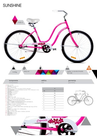 26”
komponente
components
veličina
size
geometrija
geometry
SUNSHINE
914585-18
C
D
B
A
F
H
G
E
SINGLE 44T RUBENA - 52-559 V99 CITYHOPER
(26 X 2.00)
18”
MM 450
A 450
B 644
C 681
D 170
E 530
F 1153
G 68
H 70
ram / frame / Hi-ten
veličina rama / frame size / 26” x 18”;
vila / fork / STEEL RIGID FORK
šoljica vile / head parts / FP-H515 - 8 pcs, thread: 22.2/30/27mm, W/key washer
uložci srednjeg pogona / b.b. parts / FP-602 BB parts 5 pcs, thread: 1.37”X24T, 1/4”X9 ball, axle: 3T, 126 mm
srednji pogon /crankset / SINGLE 44T
prednji menjač / front derailleur / -
zadnji menjač / rear derailleur / -
ručica menjača / shifters / -
brzina / speed / 1
zupčanici / freewheel / 18T
lanac / chain / KMC - Z-410 - 1/2”x1/8” (114 links) (1 speed)
kočnica / brakes / Front alloy V-brake / Rear VELOSTEEL COASTER BRAKE HUB
ručica kočnice / brake levers / Left hand alloy V-brake lever
glave / hubs / QUANDO - KT-122F silver front hub / VELOSTEEL COASTER BRAKE HUB
obruči / rims / HLQC-10C - 26*1.50,14G*36H for 2.30 tire
pneumatici / tires / RUBENA - 52-559 V99 CITYHOPER (26 x 2.00)
lula / handle stem / MQ-41 - 85MM,25.4*100L
upravljač / handle bar / WADER - GWHB-08, CRUISER - steel, W=700mm, angle: 15 deg., 22.2X25.4mm
rog / bar ends / -
stub sedla / seat post / WADER - SP-501 - 25.4*300L w/o clamp
sedlo / sadle / WADER - GW902
pedale / pedals / VP-813 - w/CPSC reflector, 1/2, w/steel ball, al silver braket
zadnji amortizer / rear shock / -
dodatna oprema / accesories / -
težina kg / weight kg / 16.9
16.90kg
 
