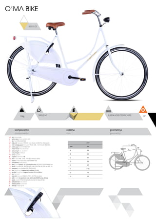 19kg 28”SINGLE 44T RUBENA HOOK 700X35C W/RS
komponente
components
veličina
size
geometrija
geometry
C
D
B
A
F
H
G
E
O’MA BIKE
905510-23
ram / frame / Hi-ten
veličina rama / frame size / 28” x 22.5”;
vila / fork / STEEL RIGID FORK
šoljica vile / head parts / FP-H515 - 8 pcs, thread: 22.2/30/27mm, W/key washer
uložci srednjeg pogona / b.b. parts / THUN - GOAL - 122.5 mm, shell: BSA 68mm
srednji pogon /crankset / SINGLE 44T
prednji menjač / front derailleur / -
zadnji menjač / rear derailleur / -
ručica menjača / shifters / -
brzina / speed / 1
zupčanici / freewheel / 18T
lanac / chain / KMC - Z-410 - 1/2”x1/8” (114 links) (1 speed)
kočnica / brakes / VELO STEEL COASTER BRAKE HUB
ručica kočnice / brake levers / -
glave / hubs / QUANDO - KT-122F silver front hub / VELOSTEEL COASTER BRAKE HUB
obruči / rims / KRIPTON - KRIPTON X 622-15,36H, EYELETING: NO, RDA: NO, GBS: YES
pneumatici / tires / RUBENA HOOK 700x35C W/RS
lula / handle stem / integrated with handlebar 22.2 mm
upravljač / handle bar / integrated with stem 22.2 mm 600mm
rog / bar ends / -
stub sedla / seat post / WADER - SP-501 - 25.4*250L w/o clamp
sedlo / sadle / city type brown cover ,with double RUBBER spring, W/clamp
pedale / pedals / FP-833 full black (with grey inlaid non-slip), with balls
zadnji amortizer / rear shock / -
dodatna oprema / accesories / -
težina kg / weight kg / 19
22.5”
MM 580
A 580
B 600
C 616
D 250
E 479
F 1146
G 70
H 69
 