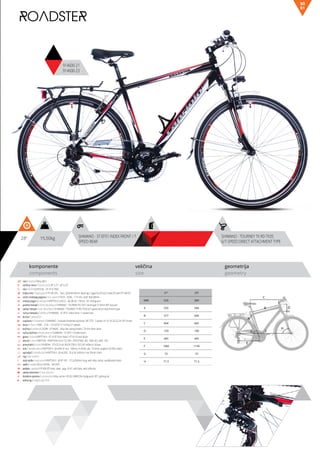 15,50kg28” SHIMANO - TOURNEY TX RD-TX35
6/7-SPEED DIRECT ATTACHMENT TYPE
SHIMANO - ST-EF51 INDEX FRONT / 7
SPEED REAR
komponente
components
veličina
size
geometrija
geometry
ROADSTER
914600-21
914600-23
91
90
C
DB
A
F
H
G
E
ram / frame / Alloy 6061
veličina rama / frame size / 28” X 21”, 28” X 23”
vila / fork / SUNTOUR - CR-7V A 700C
šoljica vile / head parts / FP-H812PL - 7pcs, 28.6/44/30mm, Bearings: Caged (5/32”x22), Steel ED with FP-HW-03
uložci srednjeg pogona / b.b. parts / THUN - GOAL - 119 mm, shell: BSA 68mm
srednji pogon /crankset / KRIPTON X LASCO - 48-38-28, 170mm, W/ chainguard
prednji menjač / front derailleur / SHIMANO - TOURNEY FD-TX51 band-type 31.8mm 48T top-pull
zadnji menjač / rear derailleur / SHIMANO - TOURNEY TX RD-TX35 6/7-speed direct attachment type
ručica menjača / shifters / SHIMANO - ST-EF51 index front / 7 speed rear
brzina / speed / 21
zupčanici / freewheel / SHIMANO - multiple freewheel sprocket MF-TZ21 7-speed 14-16-18-20-22-24-34T brown
lanac / chain / KMC - Z-50 - 1/2”x3/32” (114 links) (7 speed)
kočnica / brakes / LOGAN - JY-946AE - alloy die casting brakes, 70 mm shoe, silver
ručica kočnice / brake levers / SHIMANO - ST-EF51 V-brake levers
glave / hubs / KRIPTON X - KT-A15F front black / KT-A11R rear black
obruči / rims / KRIPTON - KRYPTON-X 622-19, 36H , EYELETING: NO, RDA: NO, GBS: YES
pneumatici / tires / RUBENA - 37-622 V 66 HOOK (700 x 35C) W/ reflector stripes
lula / handle stem / KRIPTON X - JB-A392-8- ext.: 100mm, A-HEAD, dia.: 25.4mm, angle:0~60 DEG, black
upravljač / handle bar / KRIPTON X - JB-AL200, 25.4, W: 640mm, rise 35mm, black
rog / bar ends / -
stub sedla / seat post / KRIPTON X - JB-SP-301 - 27.2x350mm long, with alloy clamp, sandblasted black
sedlo / sadle / SELLE ROYAL - RIO RVS
pedale / pedals / FP-906,PP body, steel cage, 9/16”, with balls, with reflector
zadnji amortizer / rear shock / -
dodatna oprema / accesories / Alloy carrier HYL02, MARCON mudguards 28”, Lighting set
težina kg / weight kg / 15.5
21” 23”
MM 535 584
A 535 584
B 577 646
C 604 665
D 150 180
E 445 445
F 1082 1145
G 72 72
H 71.5 71.5
 